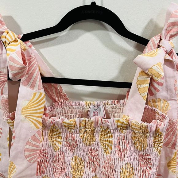 Victoria Dunn Kathleen Maeve M Taylor Top Seashell Print Tie Sleeve Linen Resort - Picture 6 of 11